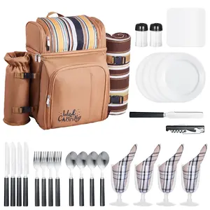 Beach Picnic Backpack for Four People With Insulated Cooler Compartment, Durable Brown Outdoor Travel Bag, Lightweight Waterproof Backpack for Family Beach Day, Includes Easy-Access Pockets and Adjustable Straps