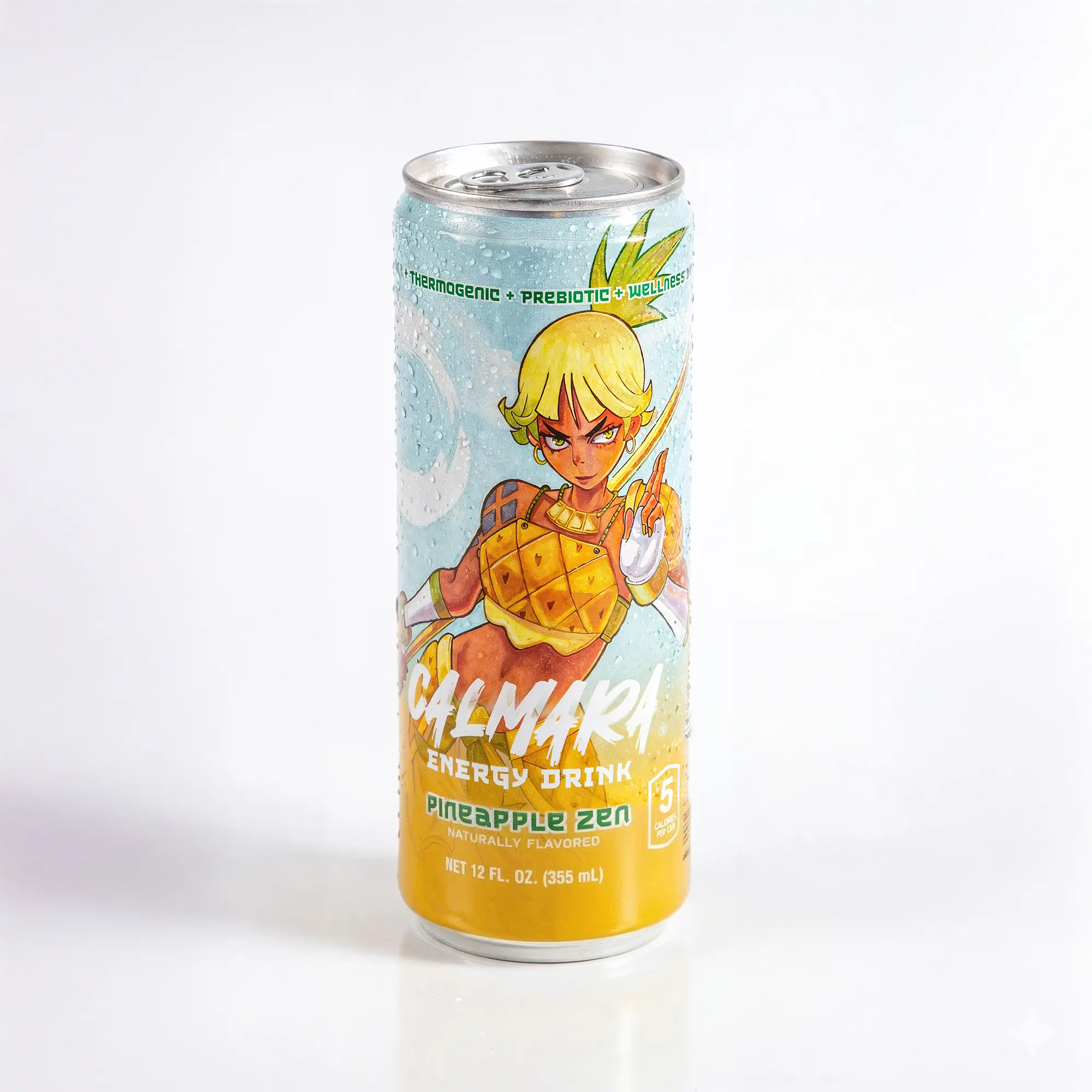 CALMARA Pineapple Zen Energy Drink, Clean Energy + Prebiotics, 150mg Natural Caffeine, 5 Calories, Doctor Formulated, 12 Fl Oz Beverage, Vitamin C