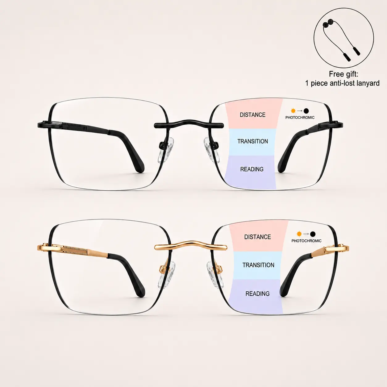 Progressive Photochromic Reading Glasses for Men & Women, Multifocal Light-Adaptive Readers for Near & Far Vision, Lightweight Rimless Eyeglasses
