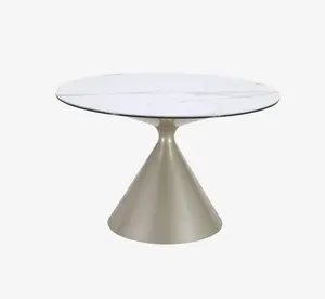 Modern Round Marble Dining Table with Champagne Gold Conical Pedestal Base
