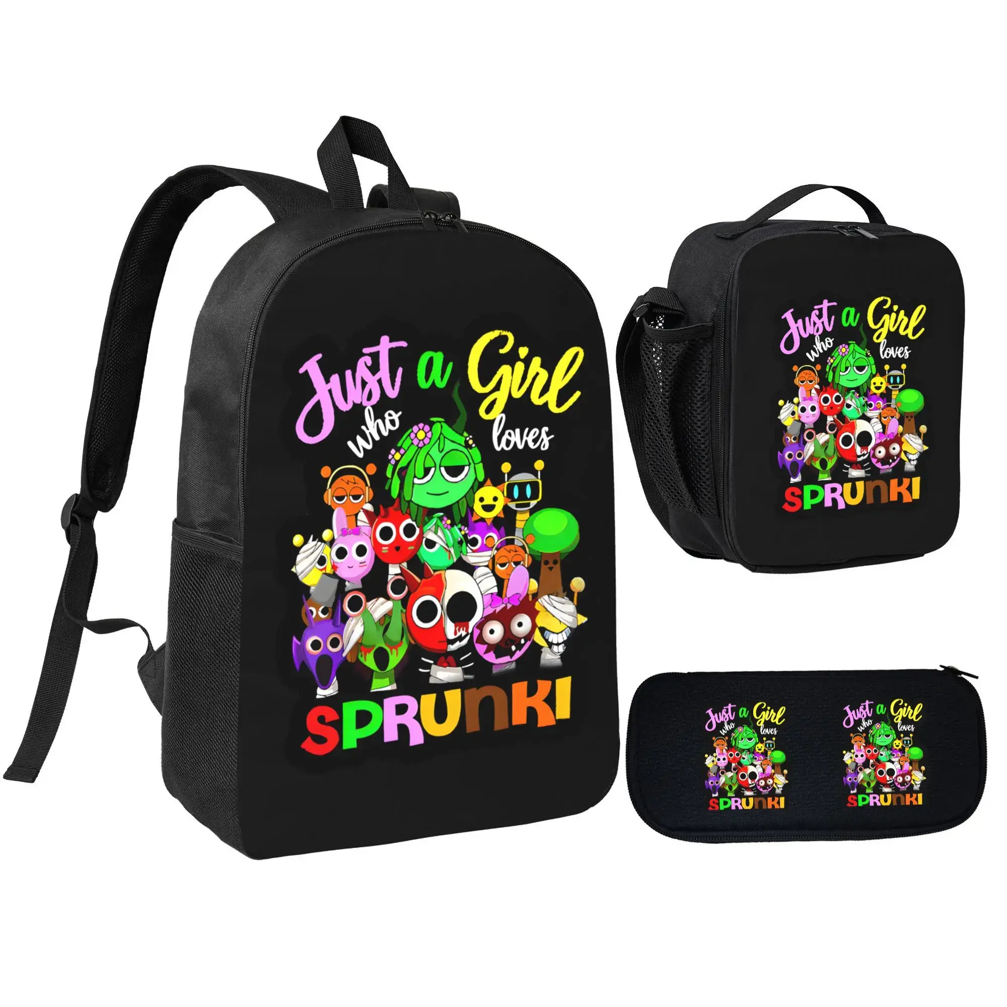 Sprunki Unisex 3-Piece Basic Cartoon Print Backpack Set - Insulated Lunch Box, Pencil Bag Included - High-Quality Polyester, Casual Lightweight Luggage for School, Daily Occasions, Clothes, Triple-In-One Backpacks