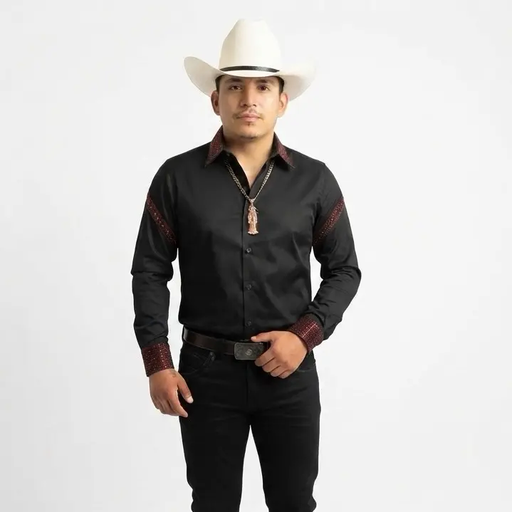 Men's Traditional Western Long-Sleeve Shirt - Menswear Tops with Pearl Snaps, Embroidered Color-Block Design for Cowboy Aesthetic, Fabric, Classic