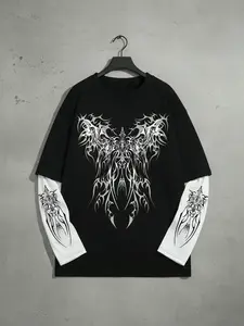 Men's Y2K Cyber Gothic Graphic Layered Long Sleeve T-Shirt Oversized Harajuku Tribal Print Fake Two-Piece Casual Streetwear Fashion Top for Grunge Alt Aesthetic