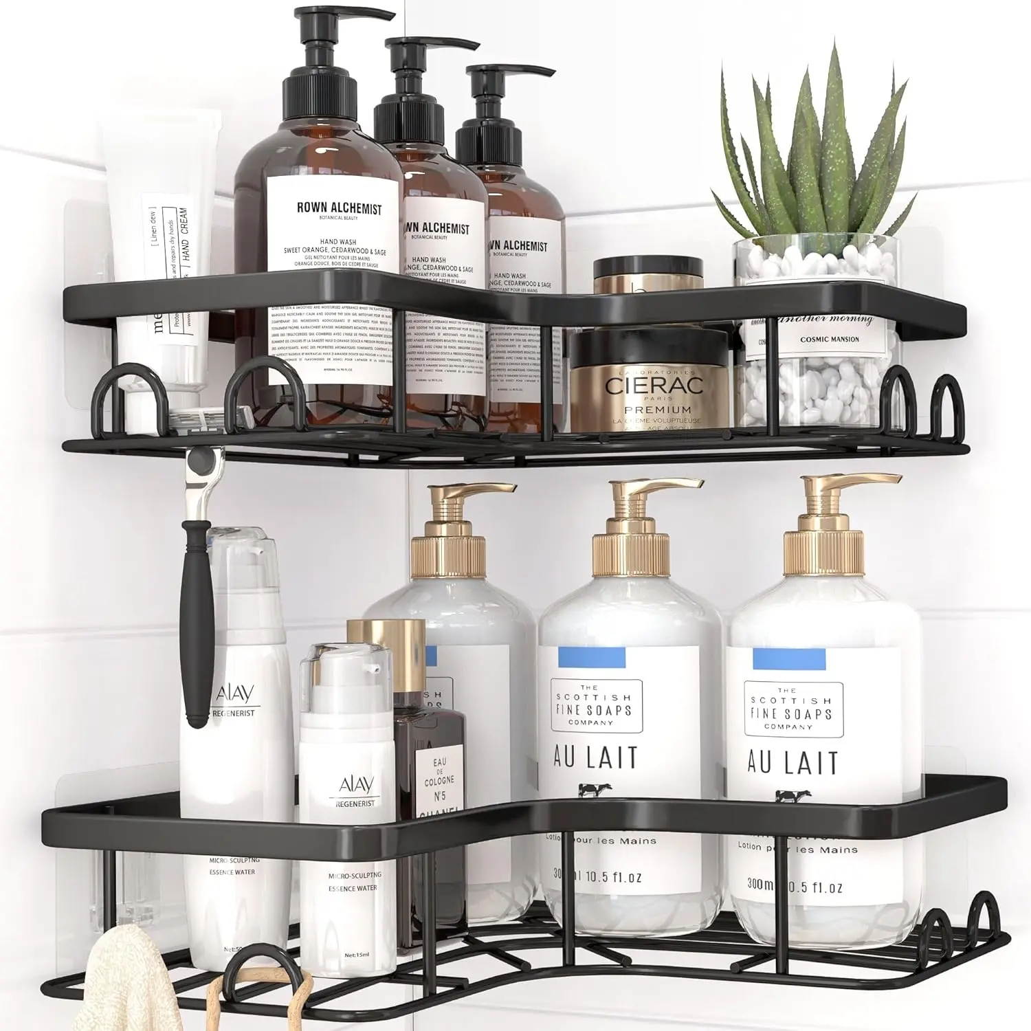 Corner Shower  - 2 Pack, Adhesive Shower Organizers, Rustproof Stainless Steel Shower Shelves with 8 Hooks, No Drilling Bathroom Organizers and Storage Racks, Space-Saving, Black,Medium