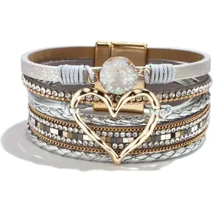 Heart Leather Wrap Bracelets for Women Handmade Stackable Boho Cuff Bangles Bracelet Trendy Valentines Gifts for Her