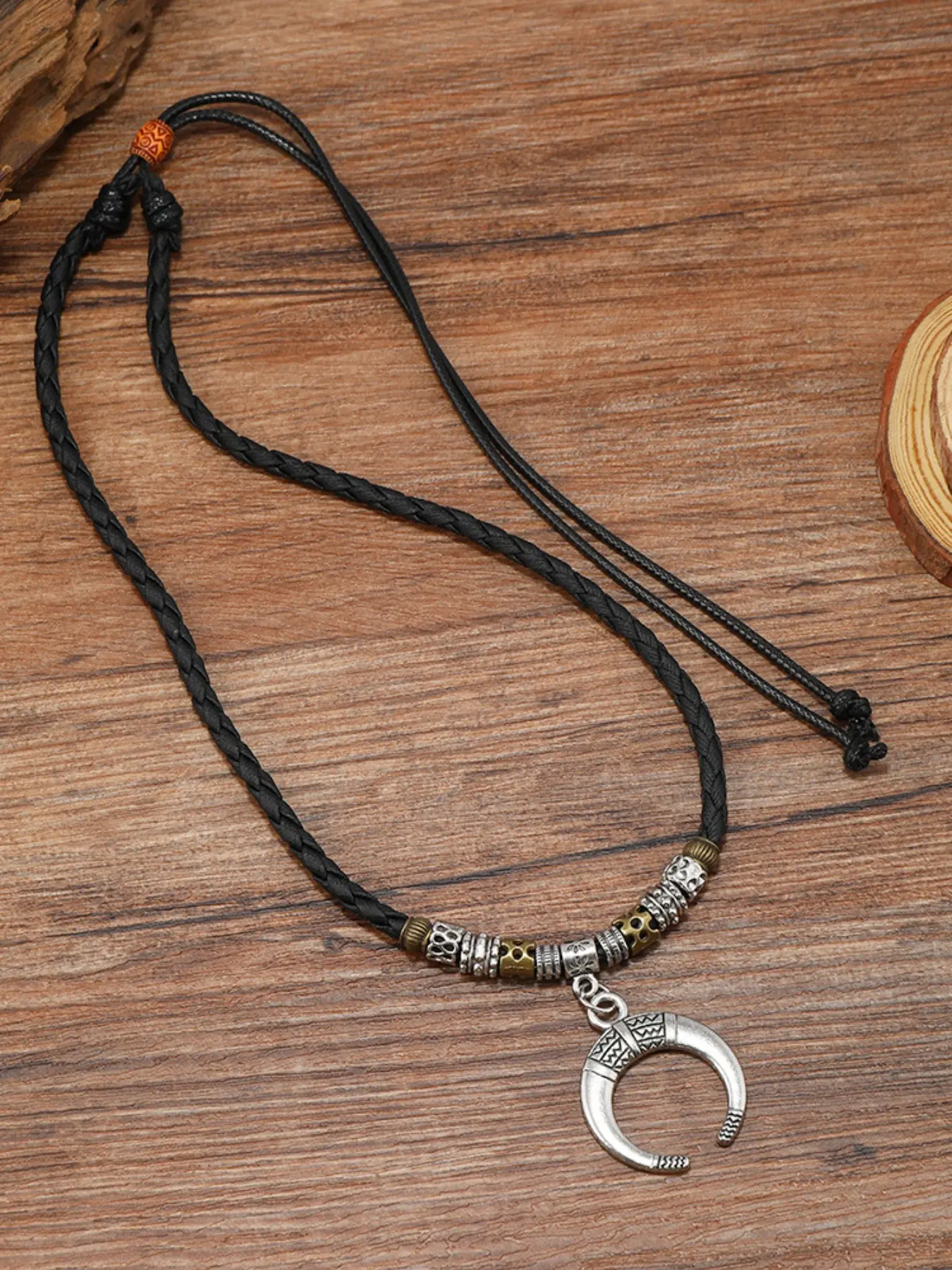 Multi-Layer Black Leather Beaded Pendant Necklace, Pendant Design, Boho Ethnic Vintage Style Jewelry with Natural Wood Beads, Turquoise Accents & Silver Horn Pendant Detail, for Men & Women, Daily, Boho Festival & Beach Occasions, Layered Necklaces