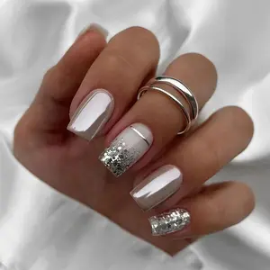 Elegant Silver Color Square Nail Polish, Glossy Finish, Perfect for Girls' Dating & Party, Includes Jelly Glue & File Set, Glitter