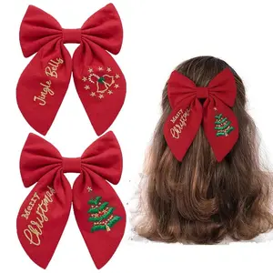 Christmas Embroidered Bow Hair Clip Red Fabric Christmas Tree Bow Hairpin