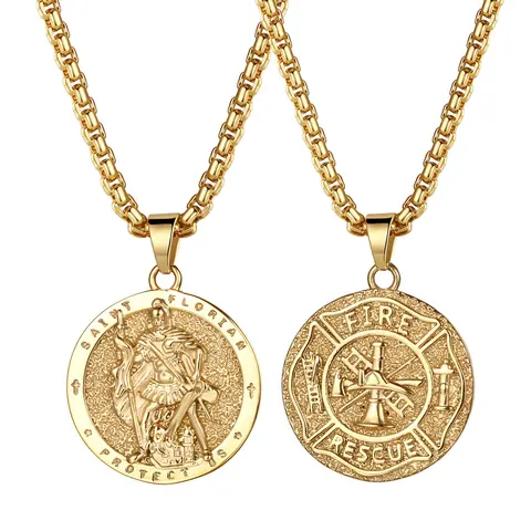 OIDEA Saint Florian Firefighter Necklace for Men, 316L Stainless Steel Engraved Patron Saint Medallion Pendant, 22.05" (560 mm) Adjustable Chain, Gift for First Responders (Gift Occasion)