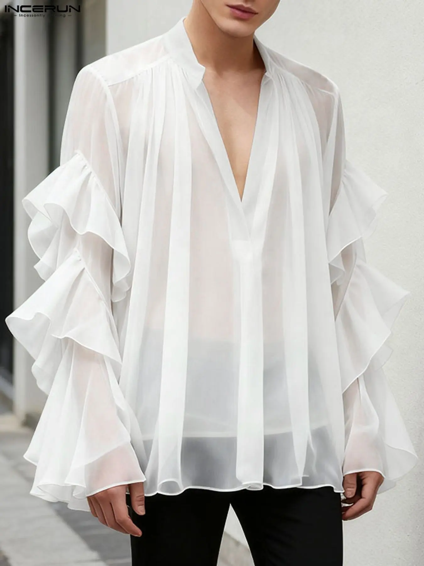 INCERUN Men's Fashion Frill Transparent Fabric Long Sleeve Shirt Top, Menswear, Stylish Casual Wear, Perfect for Daily Use, Comfortable and Trendy Design, Concept Shirt