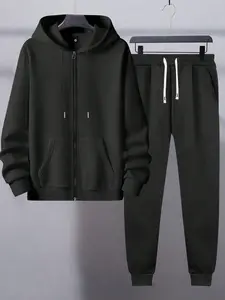 Spring and Autumn new men's suit trend personality solid colour regular large size leisure sports zip hooded jacket elastic waist drawstring trousers outdoor camping men's two-piece set