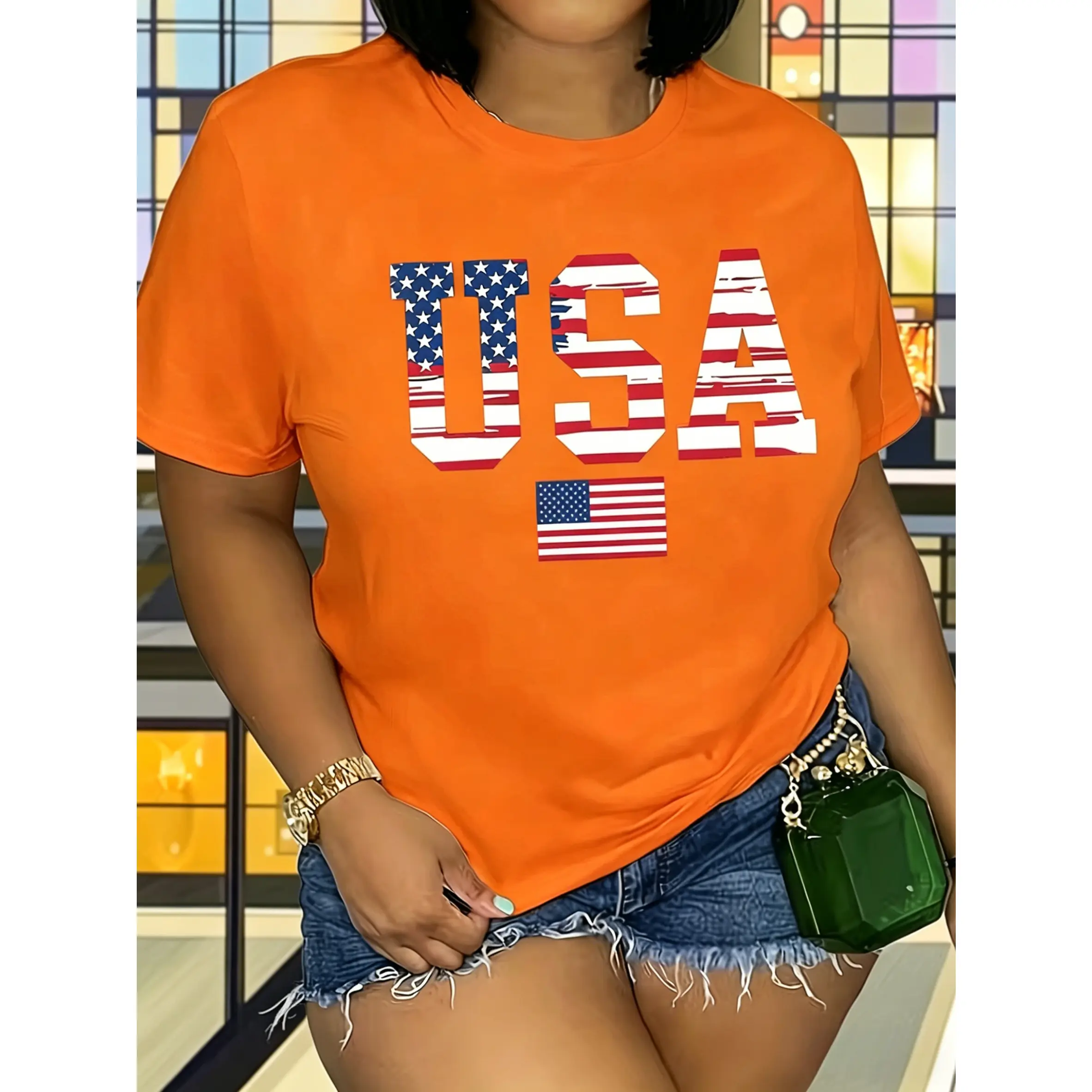 Women's Graphic T-Shirt with USA Flag Print, Casual Smooth 100% Cotton Round Neck Short Sleeve Classic Fit Top, Tshirt, Printed, Fabric, Streetwear, Graphic Shirt, Oversized, Asymmetrical, Basic, Shortsleeve, Tee, T Shirts For Women