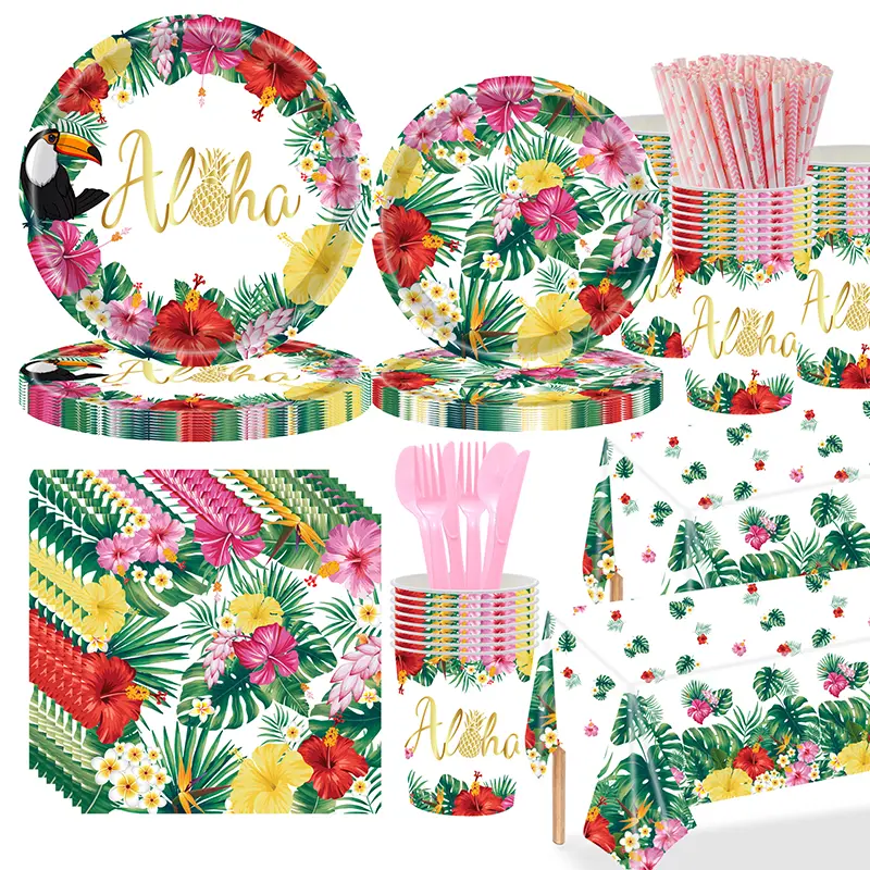 133-Pcs Sturdy Tropical Hawaiian Party Disposable Tableware Set - Print & Palm Aloha Floral Plates, Plastic Cups, Napkins, Cutlery, Straws, Tablecloth for Summer BBQ, Backyard Get-Togethers