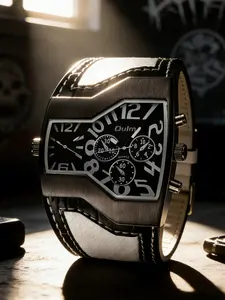 Gothic Men's Watch, Arrow Shape Case, Dual Time Zone, Snake Pattern Wide Leather Strap, Fashion Casual Wristwatch