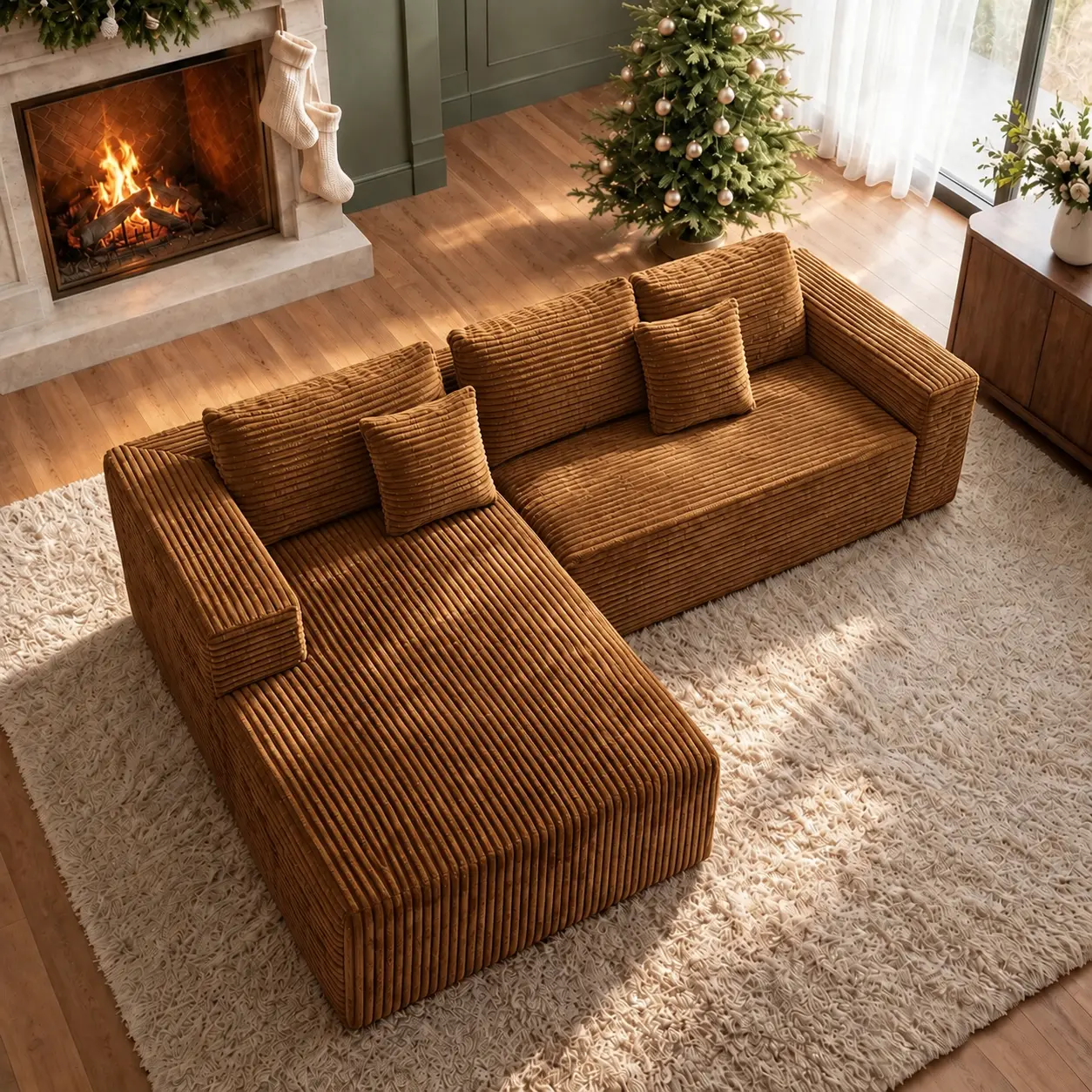 DIGWAC 106-Inch 3-Seater L-Shaped Modular Couch, Room Furniture with Fixed Arms, 49-Inch Chaise Couch, 0 Assembly, Upgraded Pocket Coil Spring Base, Ultra-Soft Corduroy Upholstery, Memory Foam Cushions
