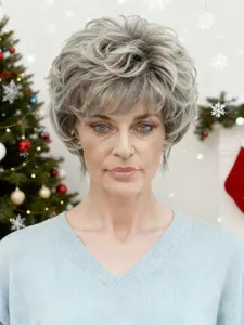 8 Inch Granny Gray Fashion Natural Short Wig, Layered Puffy Curly Hair with Bangs, Easy to Style, Perfect for Daily Wear, Parties, Festivals, Weddings, Halloween