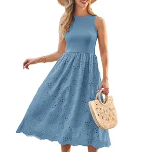 【Grace Karin】Women Contrast Fabric Mid-Calf Dress Sleeveless Crew Neck Flared A-Line Dress