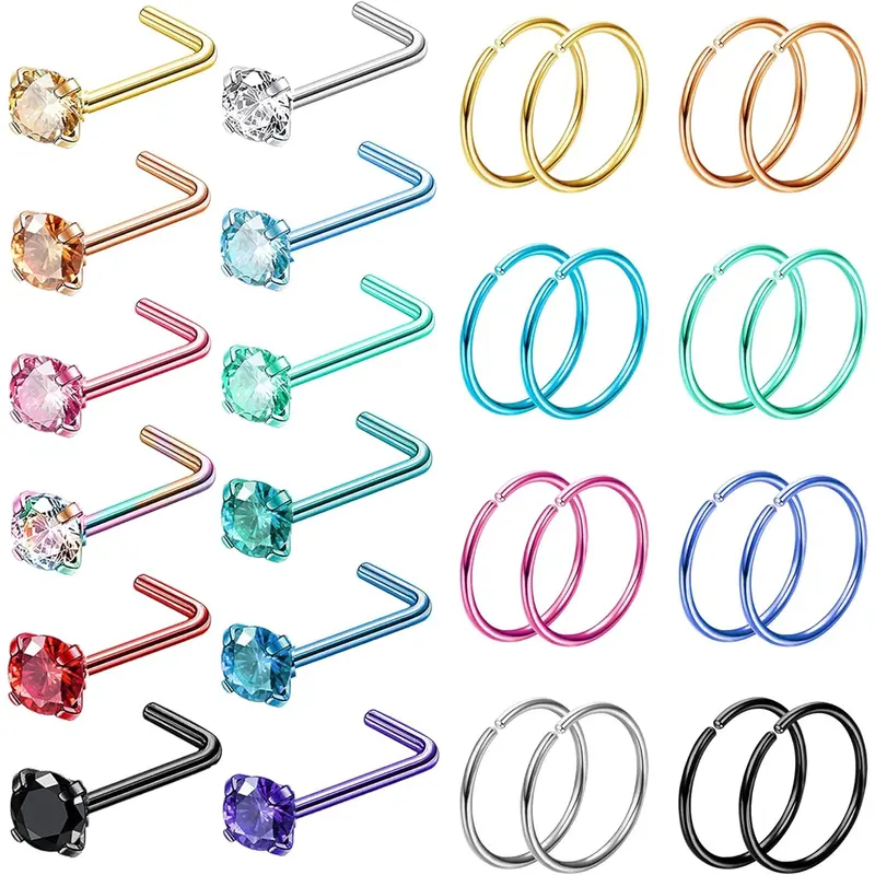 Milacolato 28PCS Unisex Hypoallergenic Nose Piercing Kit - 316L Rust-Resist Steel 18G-20G-22G 7mm-8mm Nose Rings, Hoops, L-Shaped CZ Studs - 7-Color Style Mix Geometric Star Colorful Nostril Jewelry for Casual Wear - DIY Mix & Match Body Jewelry