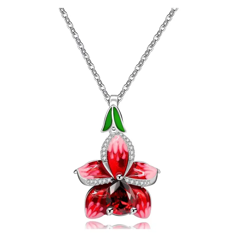 Tropical Pink and Red Christmas Hibiscus Flower Necklace for Women Cz Bling