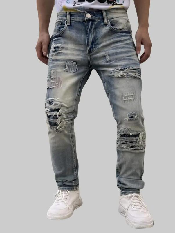 Men's Washed Vintage Straight-Leg Distressed Jeans with Holes Retro Style Casual Wear Unwashed Denim Perfect for Holidays & Parties Dark Wash Slim Fit Jeans Drawstring Elastic Waist levis 527 size  12  jeans Embroidered Camouflage Double Shorts ed hardy S