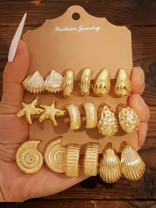 9 Pairs Irregular Geometric Earrings Set, Ocean Style Starfish Seashell Threaded Multi-Element Studs, Perfect for Women, Summer Beach Vacation Gift, Ocean Theme Earrings