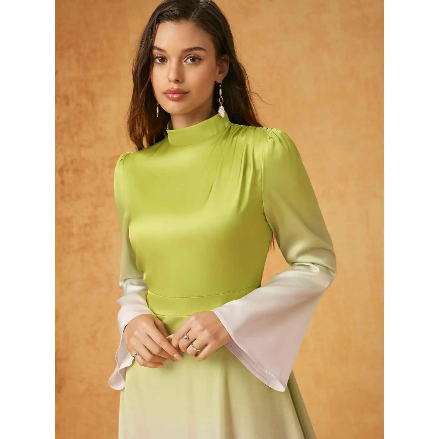 Cider Satin Stand Collar Gradient Lace Up Bell Sleeve Flared Maxi Dress  SwimWeek - TikTok Shop