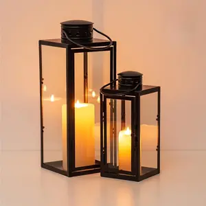 2pcs Lanterns Decorative Hurricane Lantern with Glass Panel Modern Iron Candle Holders for Christmas Thanksgiving Front Porch Fireplace Decor Candle Holder Set