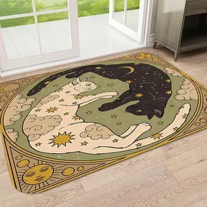 Cat & Moon Pattern Round Floor Mat, Boho Style Decorative Carpet, Decorative Area Rug for Home Living Room Bedroom Office, Home Decor