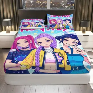 3Pcs Anime Girl Night City Fitted Sheet Three Piece Set (1*Fitted Sheet+2*Pillowcases, Coreless), Urban Fashion theme, Colorful Bedding Set, Bed Sheets Set, Mattress protector Soft, Breathable