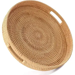 11.8" Hand-Woven Round Rattan Serving Tray Decorative Wicker Trays with Handles for Coffee Table (-M)