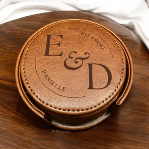 Set of 6 Leather Coasters with Holder - Custom Circle Design Letter Coasters, Laser Engraved Gift Set