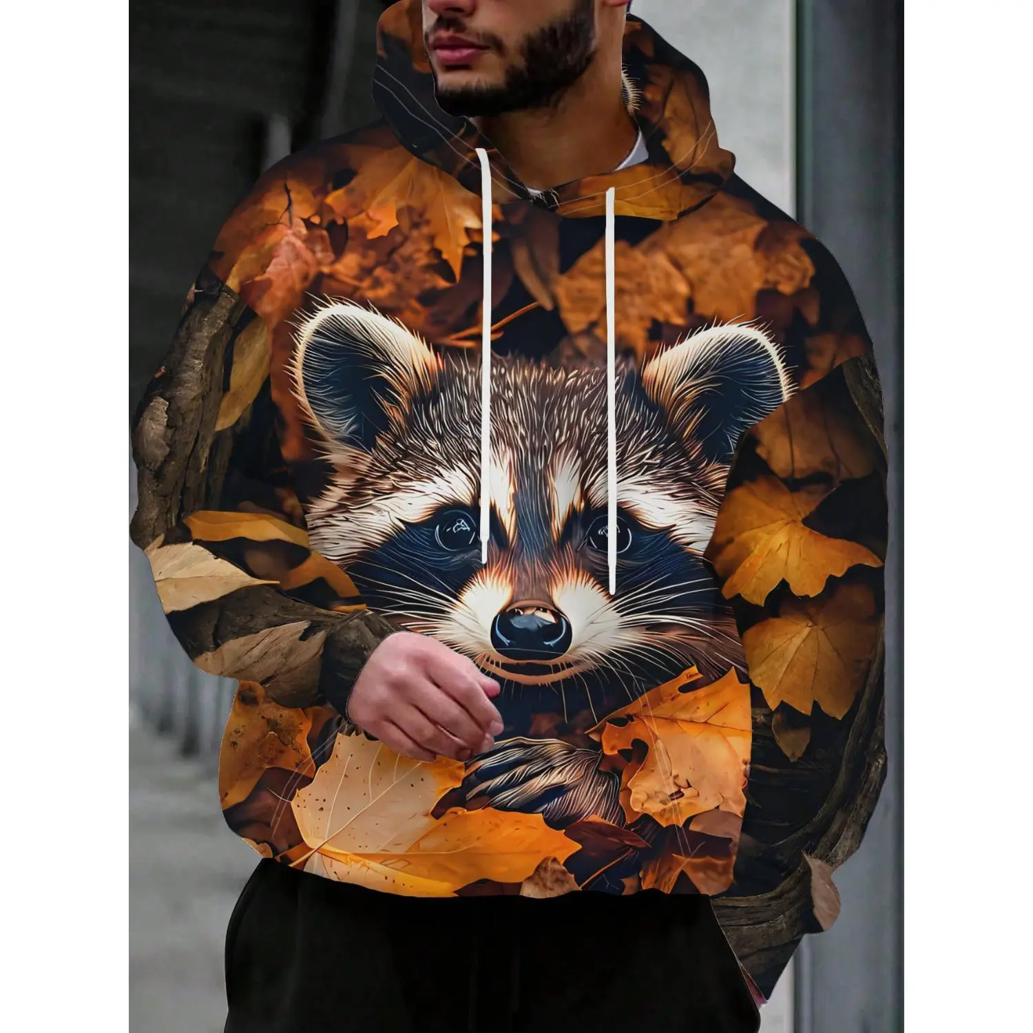 Men's Trendy Streetwear Hooded Sweatshirt Featuring Raccoon in Autumn Leaf Tree Hole - Artistic and Unique Pattern Design