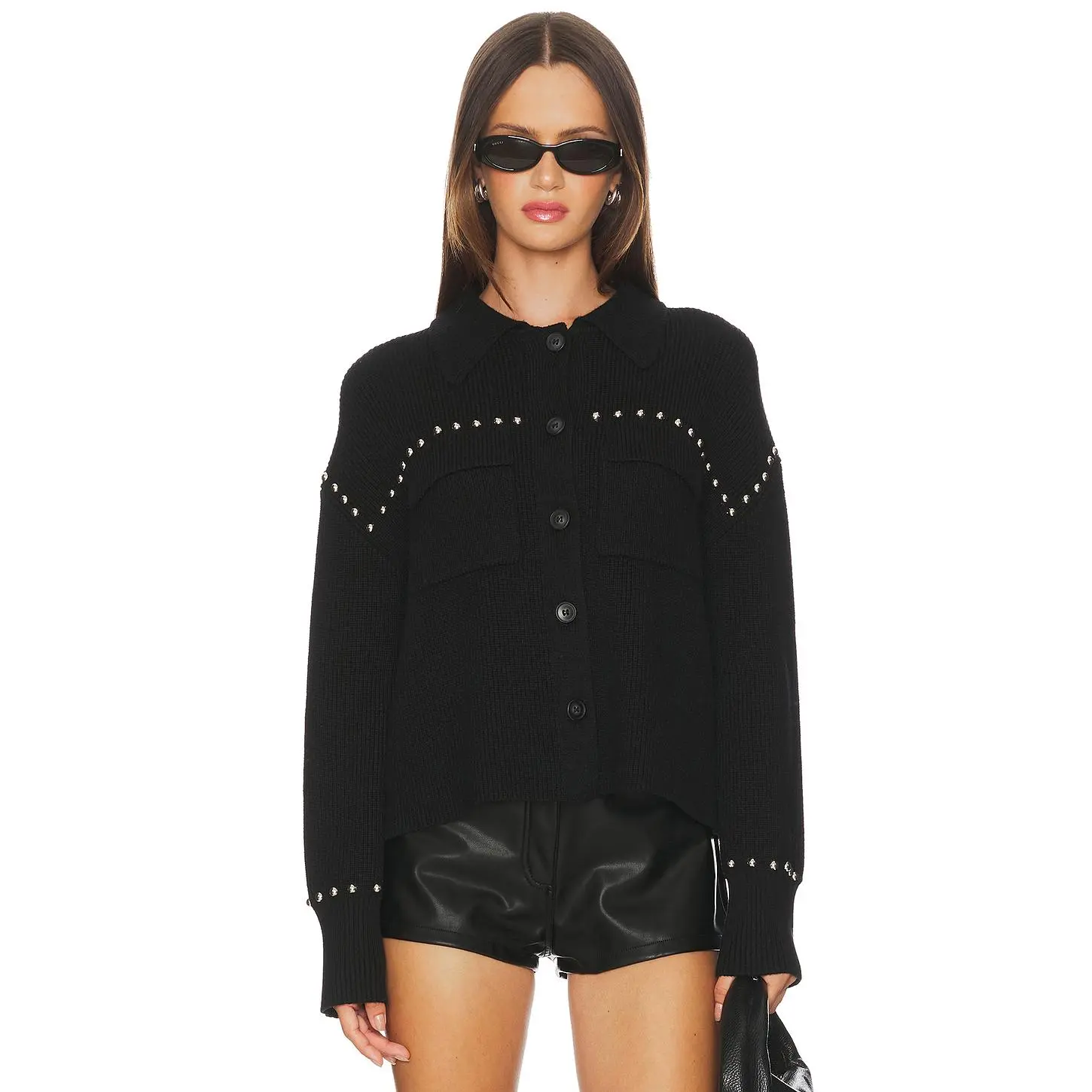 Central Park West Jay Studded Sweater Jacket in Black