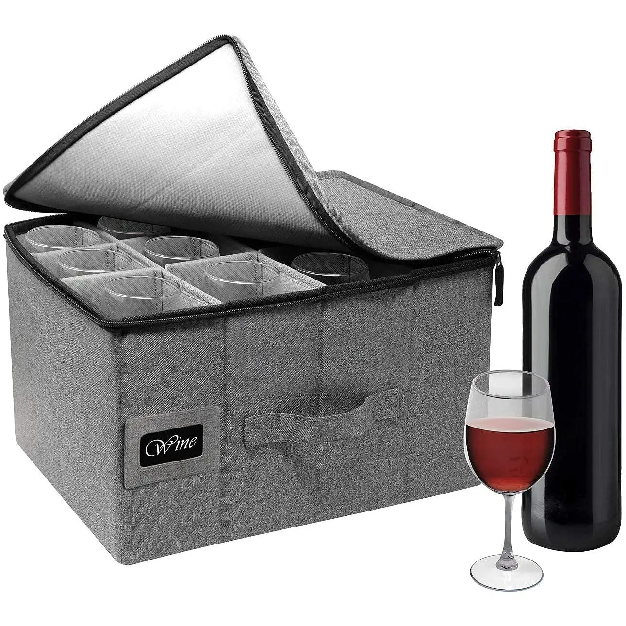 Gray Stemware Storage Chest - Service for 12 with Top Loading Design and Stemware Dividers Glass Case