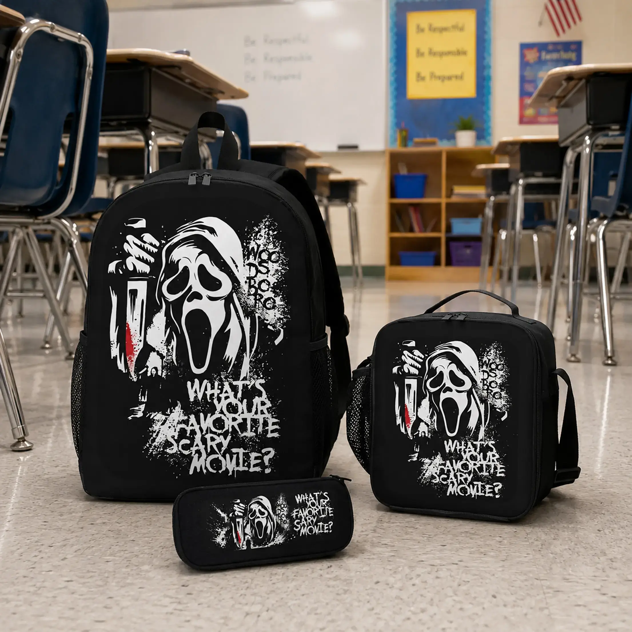 Scream 3-Piece Polyester Backpack Set, Horror Movie Print, Lightweight Large Capacity, Includes School Bag, Lunch Bag & Pencil Case, First Day of School Gift for Teens