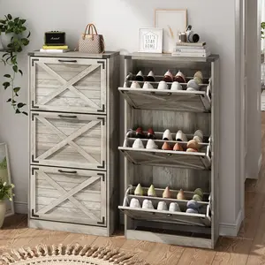 Vabches 24" W Farmhouse Shoe Cabinet Storage for Entryway, Narrow Shoe Rack Cabinet with Metal Corner Decoration, Freestanding Organizer with 3 Flip Drawers