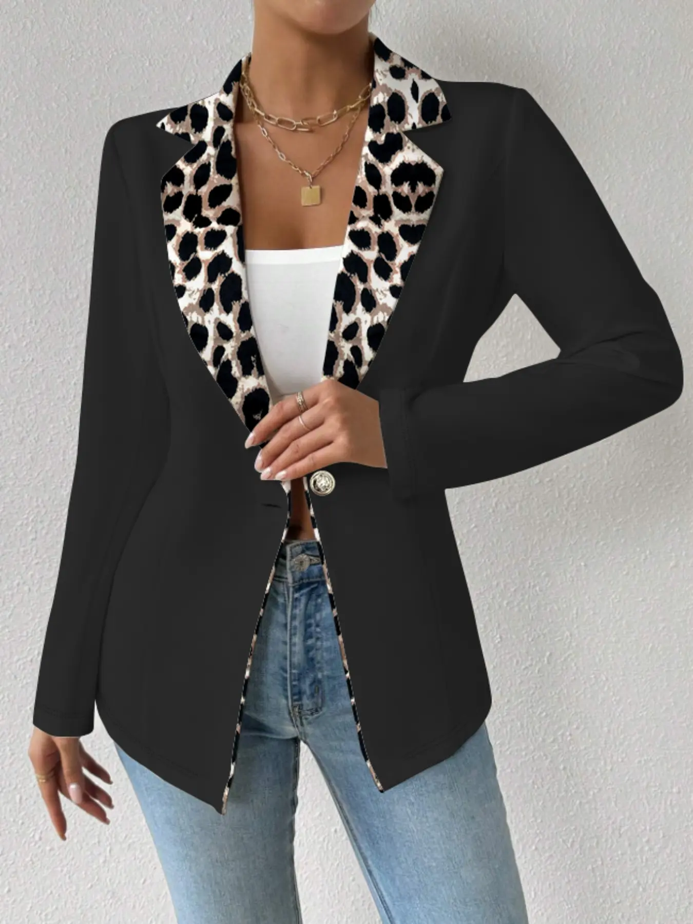 Women's Long Sleeve Leopard Patchwork Blazer Jacket, Single Button Waist Cinching, Unique Design Fashionable, Casual Business Party Wear