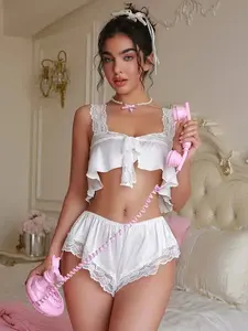 White Lace Two-Piece Set: Off-Shoulder Ruffled Top + High-Waisted Shorts — Sheer Mesh Paneling & Sexy Cutout Loungewear
