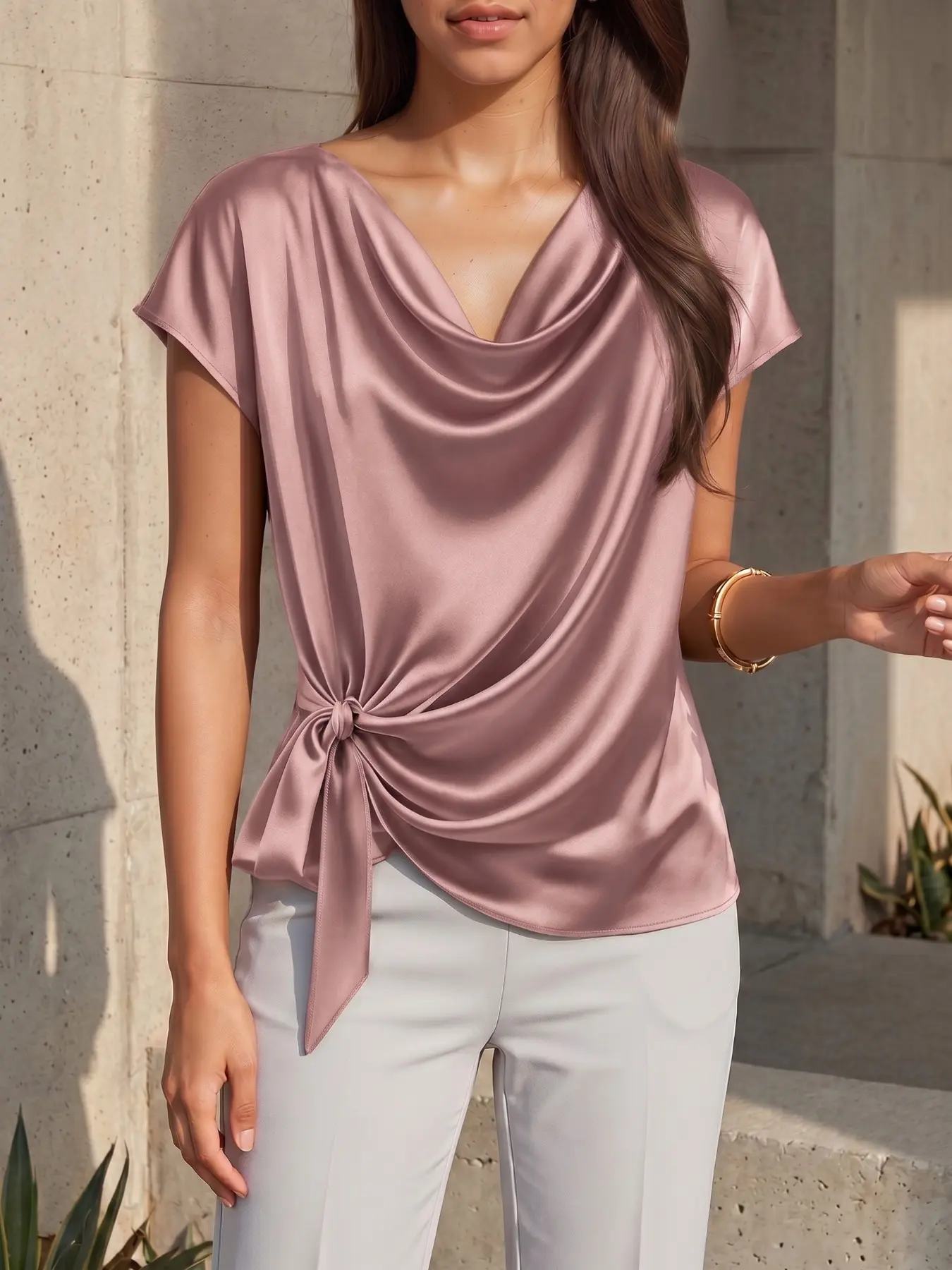 Women's Satin Smooth Deep V-Neck Short Sleeve Knot Shirt Blouses, Casual Chic Loose-Fitting Solid Color Top, Spring & Fall Fashion, Unlined Plain Surface Design