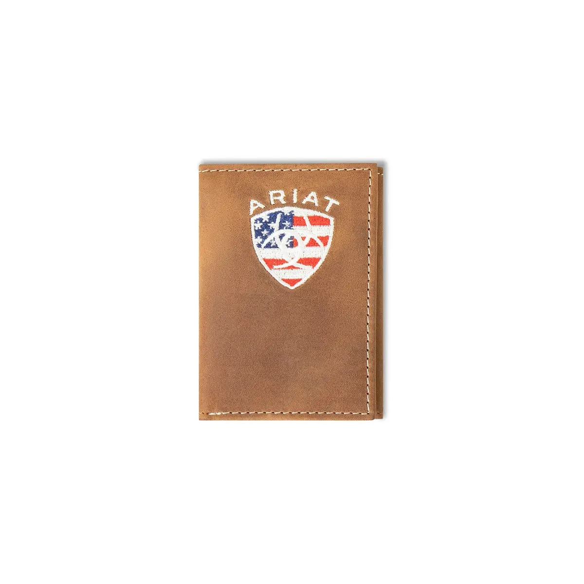 Ariat Men's Tri-Fold Wallet - Slim Fit Genuine Bull Hide Leather, Aged Bark Finish, American Flag Print Embroidered, Heavy Stitching, Compartmented Fashion Luggage & Bags Accessory, Embroidered Men's Wallet, Embroidered Men's Wallets, Compartmented Men's