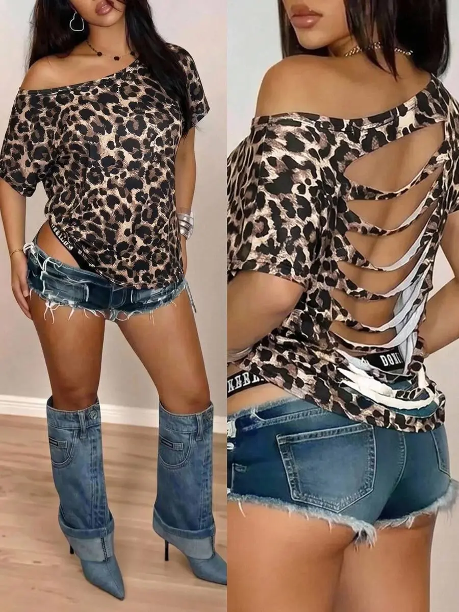 Asymmetrical Shoulder Dropped Shoulder Short Sleeve Loose Leopard Print Brown Shirt Backless Summer Casual Minimalist Basic Y2K Sexy Women's Club