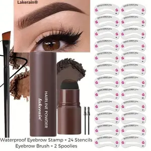 Eyebrow Stamp Set Kit – Waterproof & Long-Lasting Brow Powder Stick with 24 Brow Stencils, Precision Eyebrow Brush & 2 Spoolie Brushes for Natural Full Brows