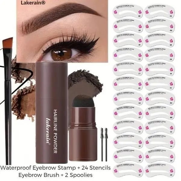Eyebrow Stamp Set Kit – Waterproof & Long-Lasting Brow Powder Stick with 24 Brow Stencils, Precision Eyebrow Brush & 2 Spoolie Brushes for Natural Full Brows