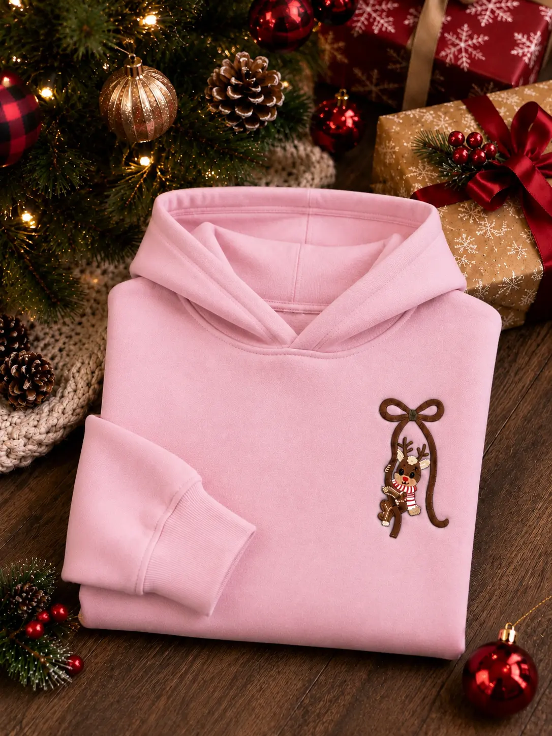 Embroidered Reindeer Bow Christmas Hoodie