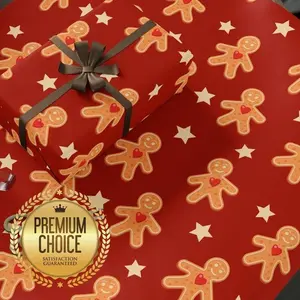 Red Gingerbread Gift Wrapping Paper - Gingerbread Man Christmas Gift Wrap, Holiday Xmas Giftwrap for Presents, Cookie Wrapping Paper