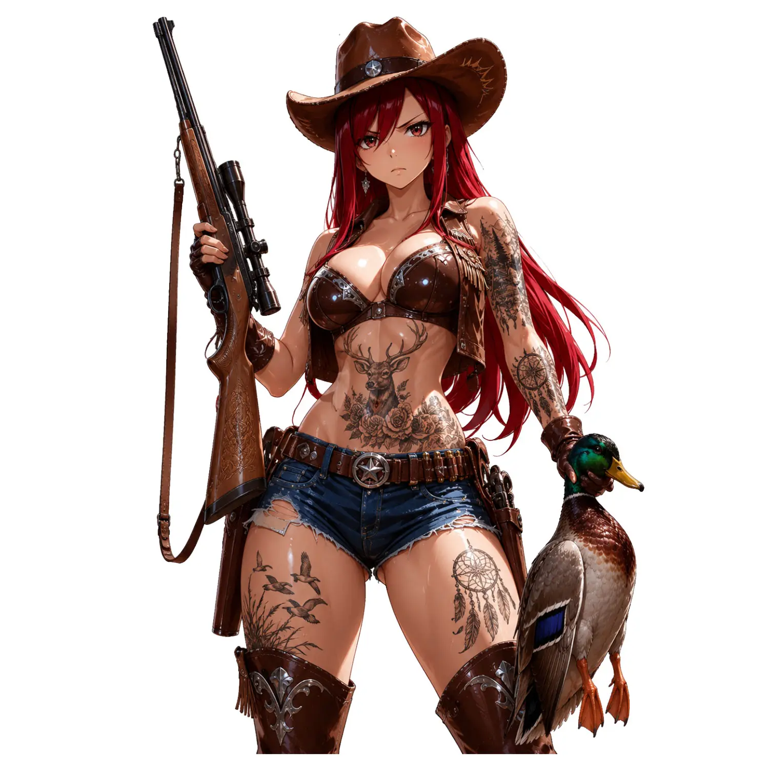 Red Hair Cowgirl Duck Hunting Sticker, Detailed Western Anime Outdoor Design, Waterproof Vinyl Decal For Laptop, Tumbler, Helmet, Car Window And Notebook