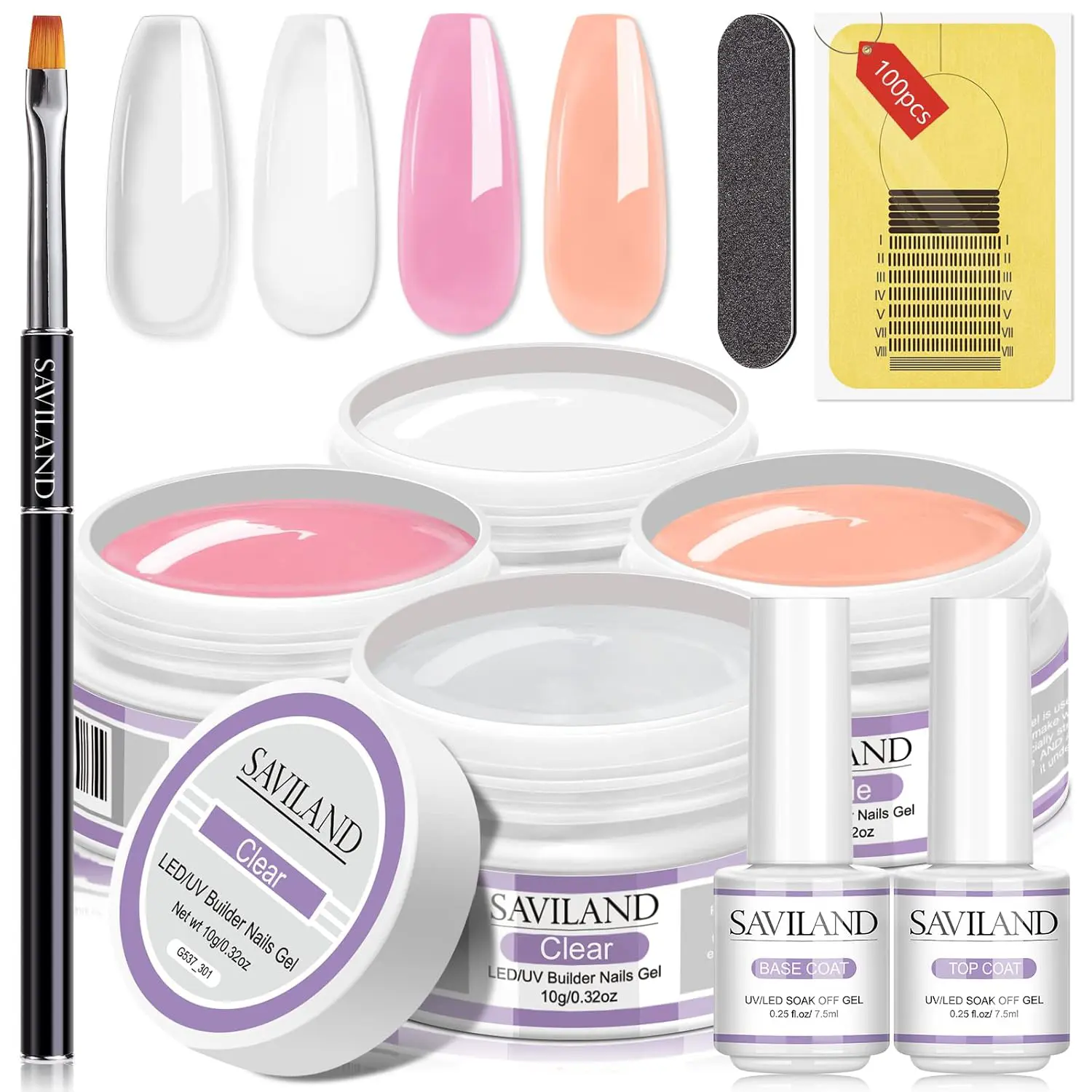 Saviland Builder Nail Gel Kit - 4 Colors Clear Nudes White Pink Hard Gel for Nail Strengthen Nail Extension Gel Kit with 100PCS Nail Forms and Acrylic Nail Brush for Beginners & Professionals