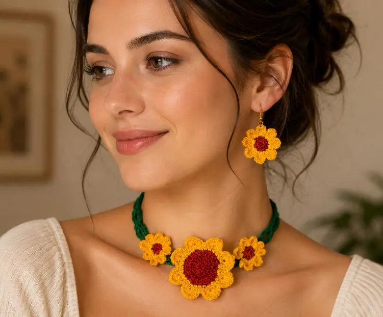 Handmade Crocheted 2-Piece Jewelry Set, Costume Fashion Accessory Necklace & Matching Earrings