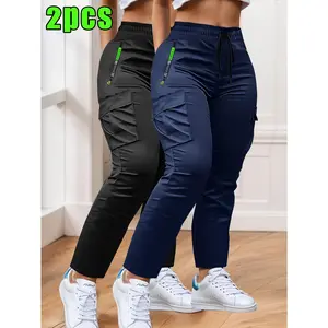 Women's 2-Pack Multi-Pocket Workout Pants – Drawstring Elastic Waist with Zipper Pockets, Lightweight Breathable Hiking Joggers, Loose Fit Ankle Binding Cargo Trousers for Fitness & Daily – 2 Colors