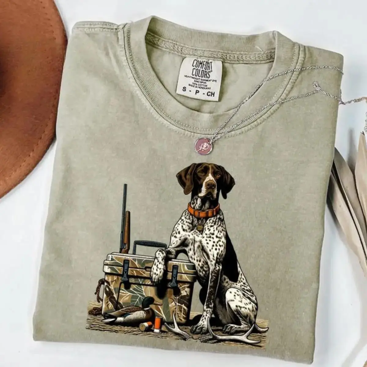 Comfort Colors Hunting Dog Cooler T-Shirt, German Shorthaired Pointer Hunting Graphic Tee, Retro Outdoor Camping Shirt for Men